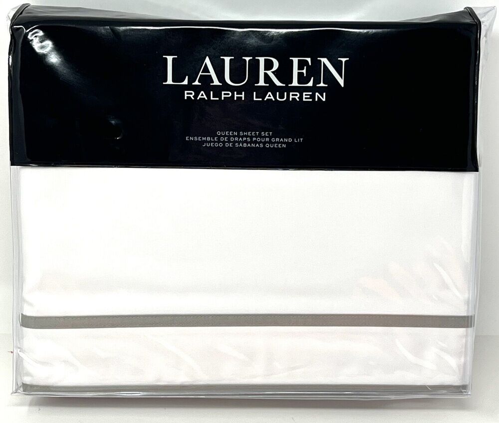 Ralph Lauren Spencer Border Sateen Queen Sheet Set White Grey Gray 4 Pcs. NIP